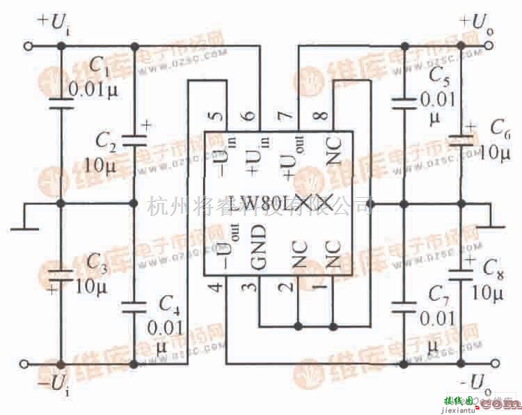 基于LW80L××系列固定输出正负电压双输出集成稳压器的典型应用电路  第1张