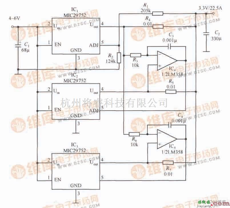 基础电路中的多个MIC29752并联工作构成大电流输出的稳压器电路  第1张