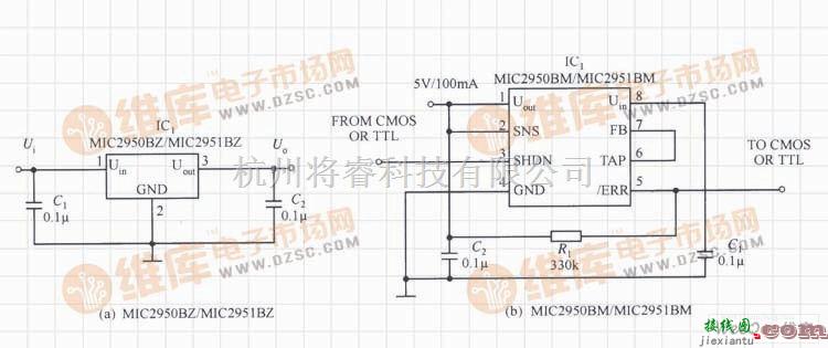 稳压电源中的MIC2950/MIC2951构成的固定输出的稳压电源电路  第1张