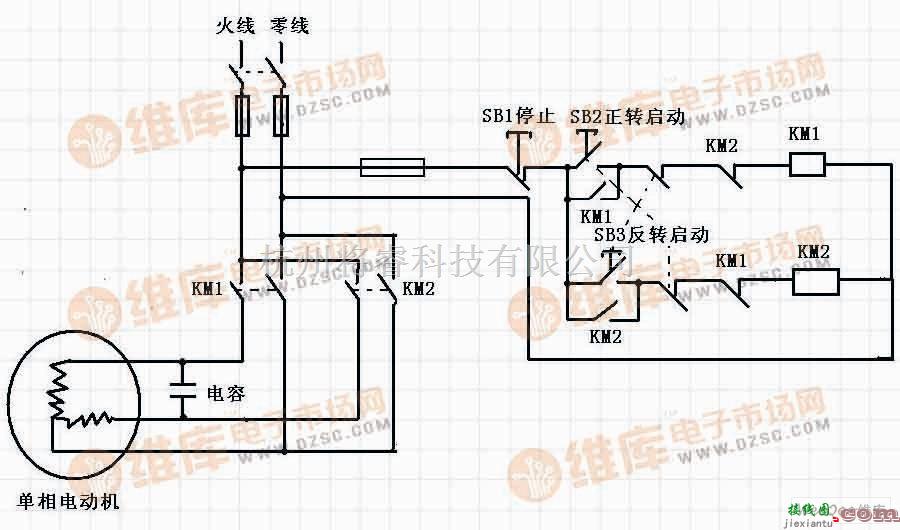 单相电动机用交流接触器正反接法电路  第1张