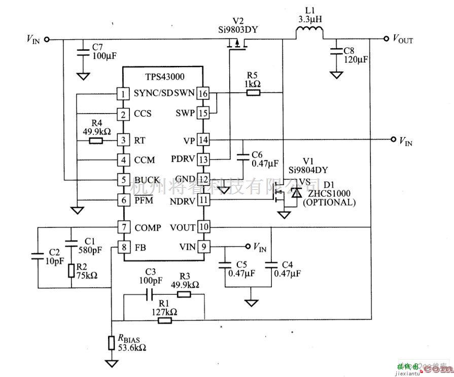 电源电路中的TPS43000在一典型750KHZ降压电路中的应用电路图  第1张
