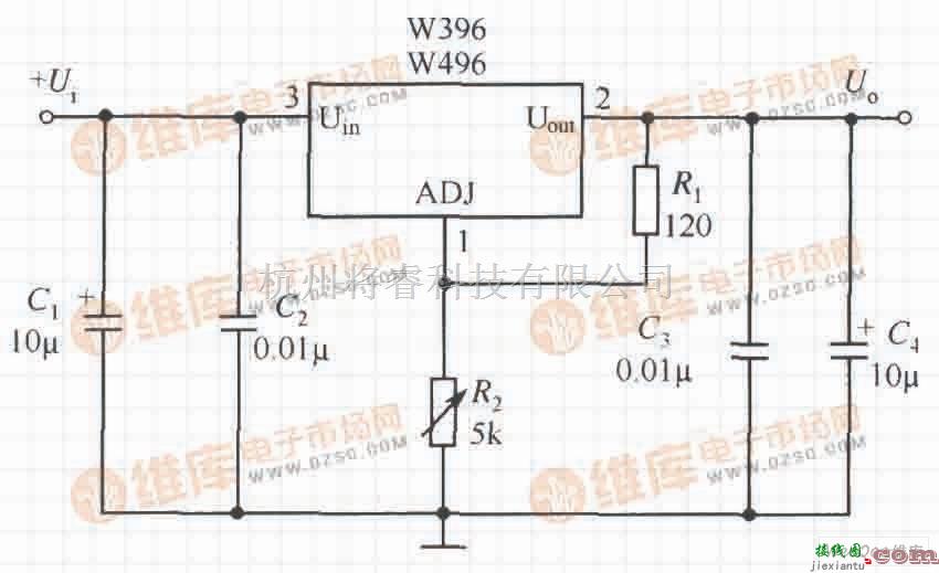 调制、阻抗变换电路中的由W396/W496组成的输出电压可调的应用电路  第1张