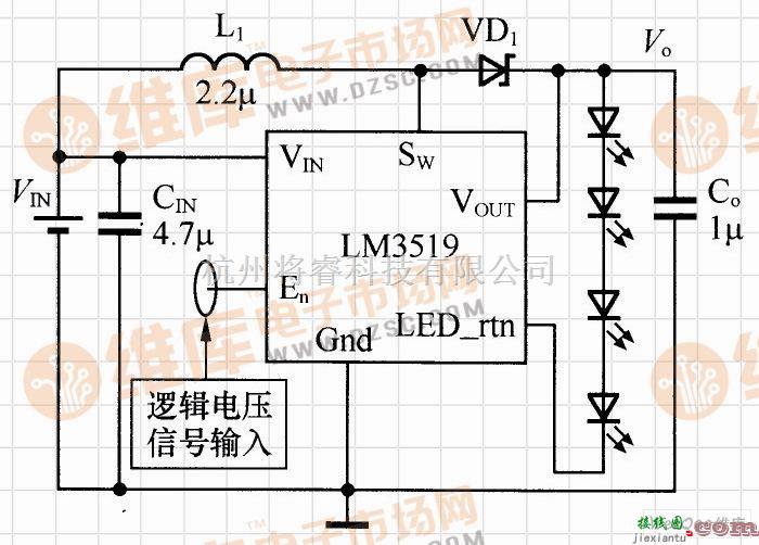 LED电路中的基于LM3519无须外置电阻的单串LED驱动电路  第1张