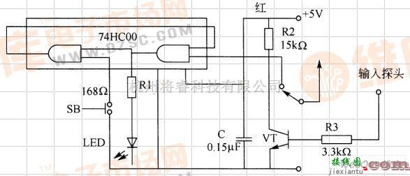 数字电路中的由74HC00及发光二极管组成的探头电路图  第1张