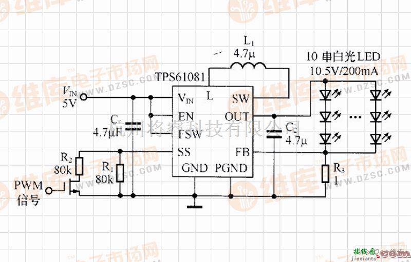 LED电路中的TPS61081驱动10串30只白光LED的电路  第1张