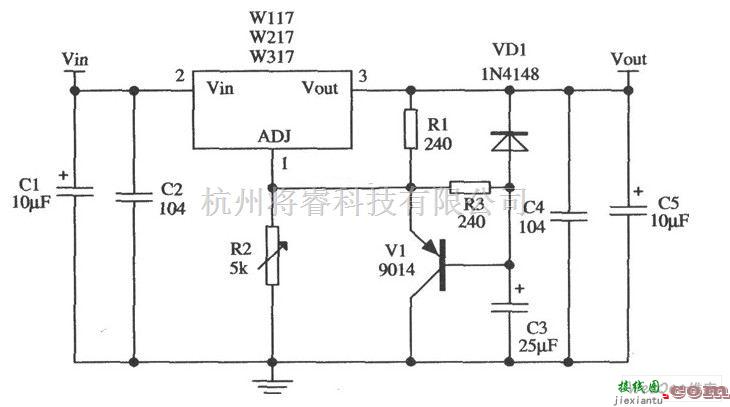 稳压电源中的由W317L／W317M／W317构成的慢启动15V输出的稳压器应用电路  第1张