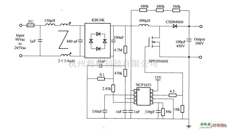 电源电路中的NCP1653控制的300W、100KHZ PFC完整电路图  第1张