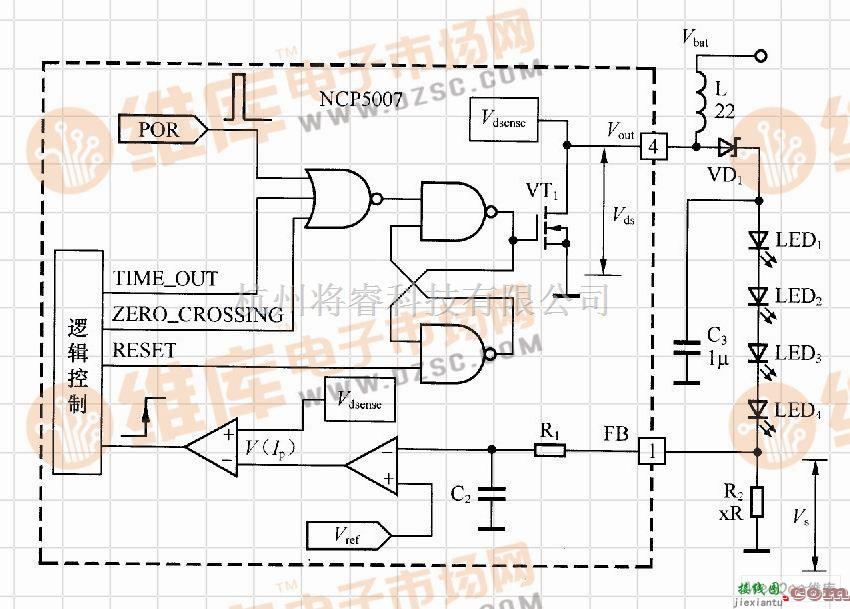 LED电路中的基于NCP5007的升压型LED的驱动电路工作原理图  第1张