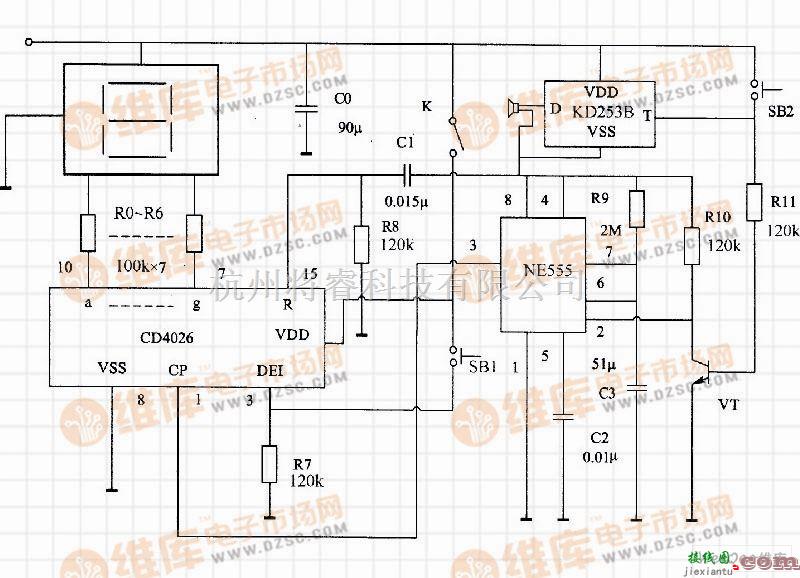 数字电路中的由CD4026、555时基电路等组成的数字显示门铃电路  第1张