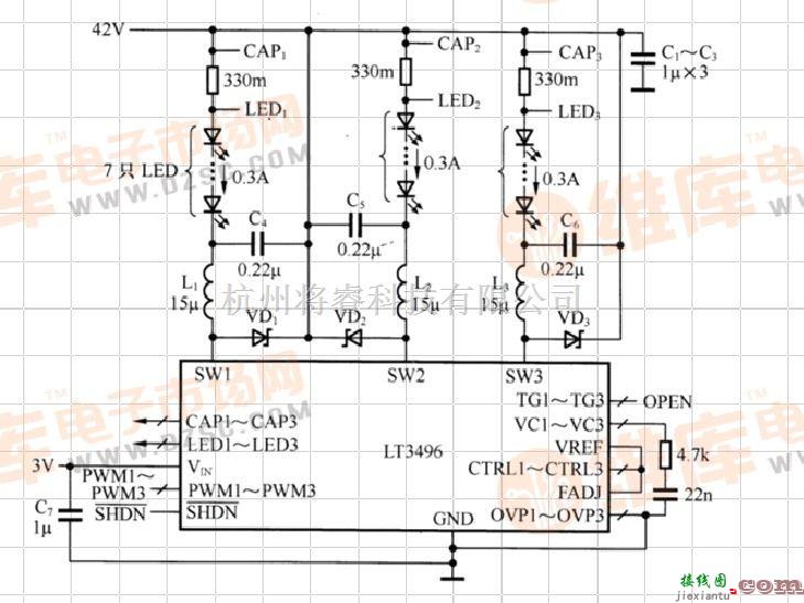 LED电路中的基于LT3496的降压型LED驱动电路  第1张