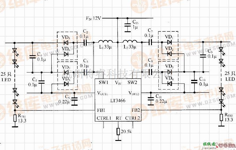 LED电路中的采用LT3466驱动两串白光LED的电路  第1张