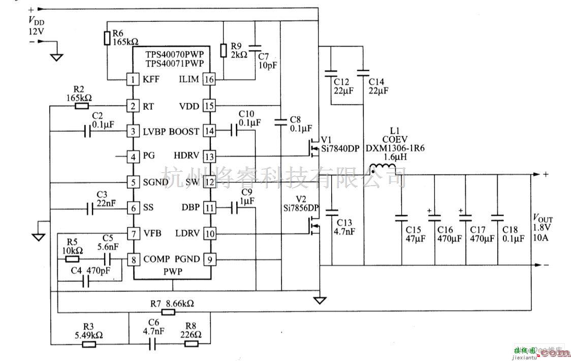 电源电路中的采用TPS40071的f＝300kHz、12V输入、1.8V输出的应用电路  第1张