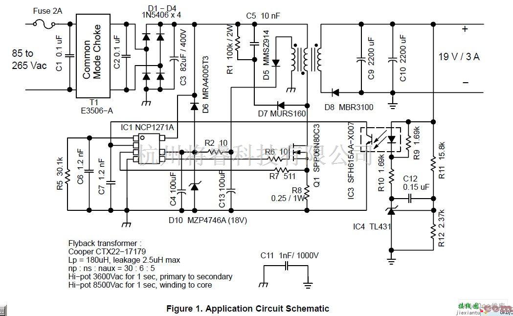 电源电路中的NCP1271设计19V输入AC-DC适配器电路图  第1张