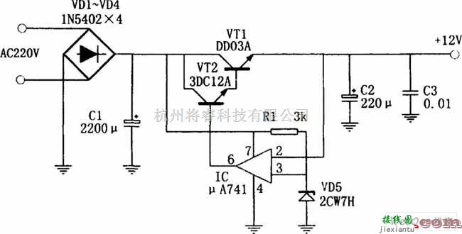 电源电路中的采用运算放大器μA741做成的开关电源电路图  第1张