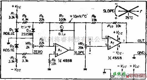 温控电路中的可产生±10MV/℃补偿电压的温度补偿发生电路图  第1张