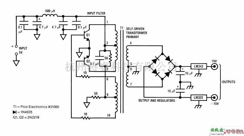 电源电路中的分立器件组成的5V转正负15V电源电路图  第1张