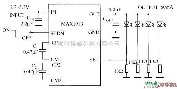 LED电路中的MAX1913驱动白光LED电路图  第1张