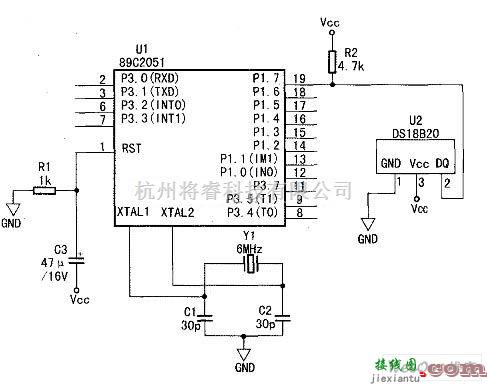 接口电路中的DS18B20和51单片机AT89C2051的接口电路图  第1张