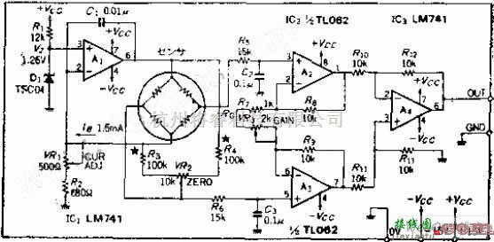 传感器电路中的恒定电流驱动的电桥式传感器驱动/放大电路图  第1张