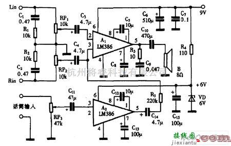 综合电路中的巧用LM386作卡拉OK消声器电路图  第1张