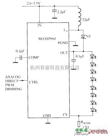 LED电路中的用MAX8596Z开关调节器驱动8个白光LED的电路图  第2张