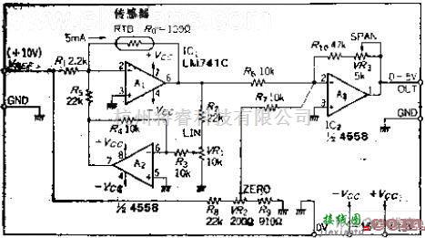 温控电路中的用正反馈方式改善线性的简化电阻测温电路图  第1张