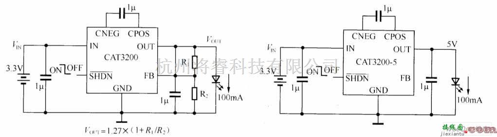 LED电路中的CAT3200／CAT3200-5电荷泵驱动的白光LED电路图  第1张