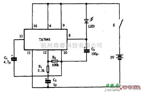 LED电路中的巧用TA7641作LED闪光启动器电路图  第1张