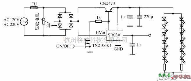 LED电路中的SR03×驱动动白光LED的电路图  第1张