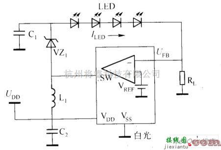 LED电路中的由开关变换器构成的基本白光LED驱动电路图  第1张