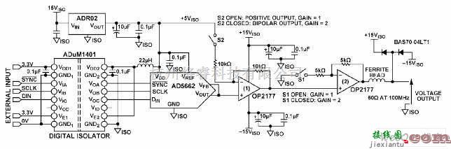 控制电路中的AD5562组成的隔离工业控制电压输出电路图  第1张