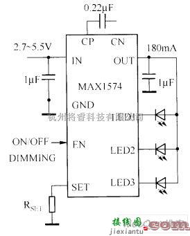 LED电路中的MAX1574电荷泵驱动三个LED的电路图  第1张