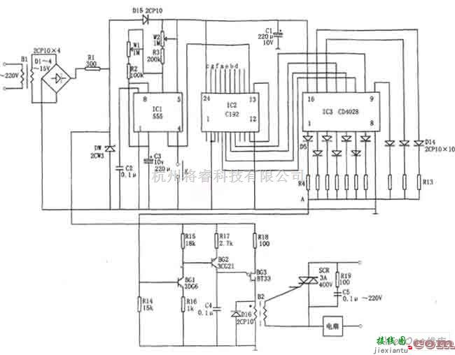 自动控制中的C192、555、CD4028自动变换l0挡风速的控制器电路图  第1张