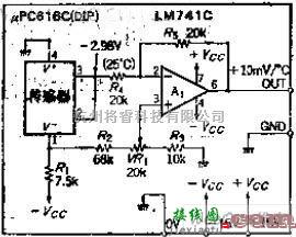 温控电路中的可线性输出10MV/°C电压的IC温度转换电路图  第1张