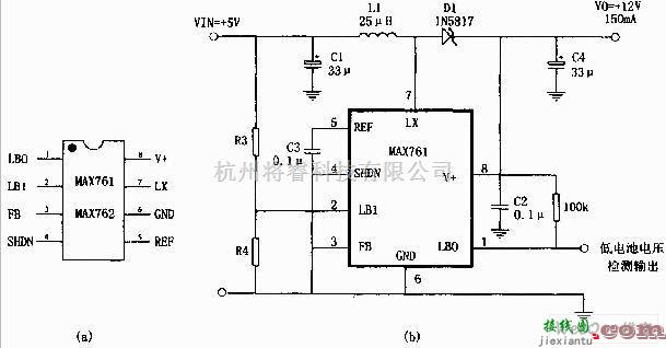 开关稳压电源中的采用MAX761设计的5V转12V开关电源电路图  第1张