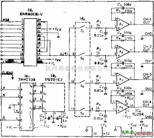 电源电路中的从一个D-A转换器上获得4路输出的译码多路切换电路图  第1张