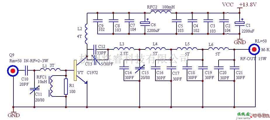 无线发射中的88MHz-108MHz 15W调频发射机高频功放电路图  第1张