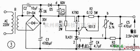 稳压电源中的带有限流作用的大电流可调稳压电源电路图  第2张