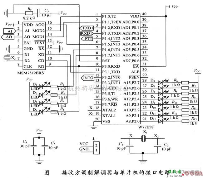 接口电路中的接收方调制解调器与单片机的接口电路图  第1张