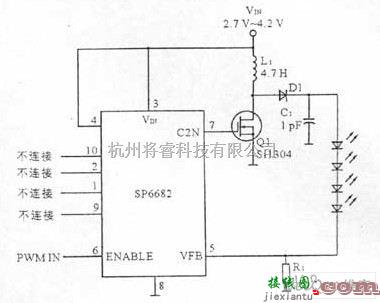 LED电路中的单节锂电池供电的高效率白色LED驱动电路图  第1张