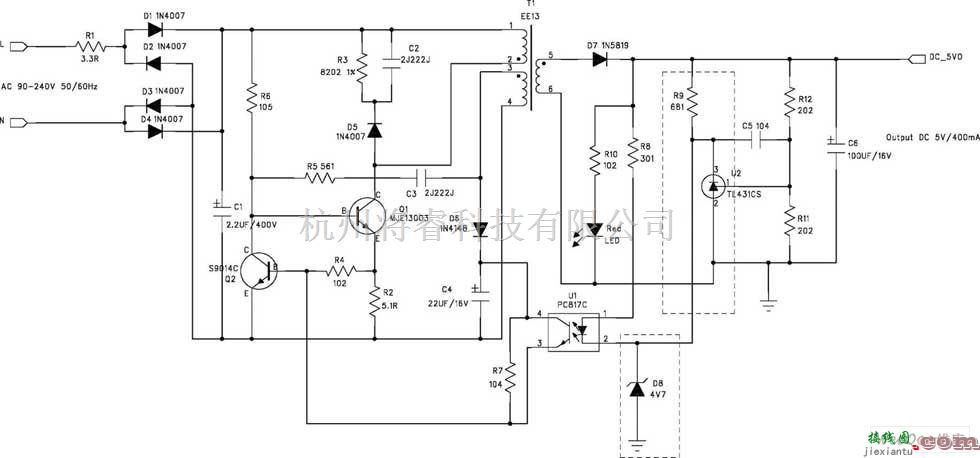 开关稳压电源中的RCC 5V/400mA 开关电源电路图  第1张