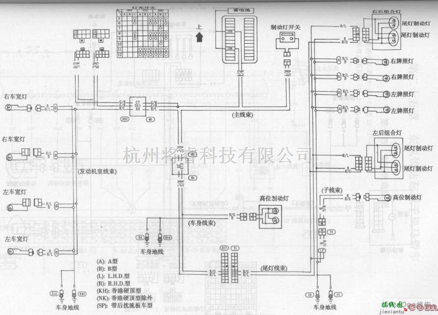 日产中的风神蓝鸟轿车车宽灯、牌照灯、尾灯和制动灯电路图  第1张