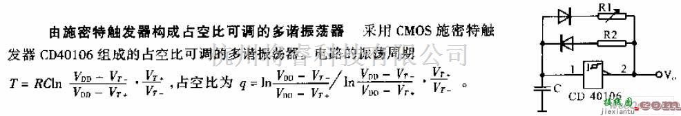 振荡电路中的由施密特触发器构成占空比可调的多谐振荡器电路图  第1张