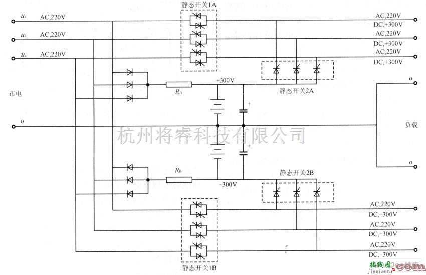 逆变电源中的采用两组蓄电池及单管半波整流充电的三相无逆变器UPS电路图  第1张