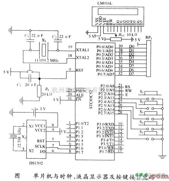 接口电路中的单片机与液晶显示器及按键接口电路图  第1张