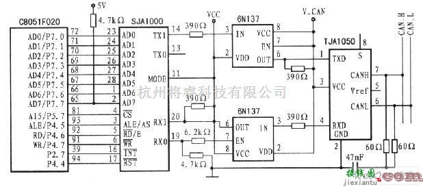 接口电路中的单片机与SJA1000 CAN控制器接口电路图  第1张