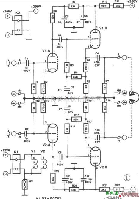 耳机放大中的双三极管ECC822电子管组成的OTL耳机放大器电路图  第1张