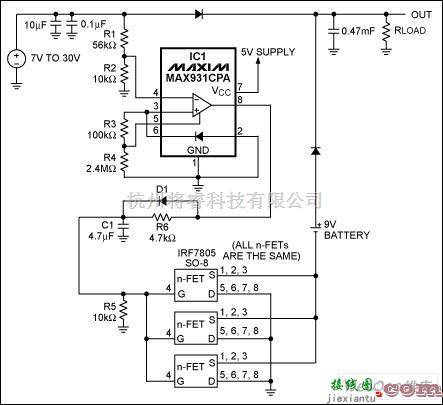 电源电路中的MAX931比较器用于监测主电源电压电路图  第1张