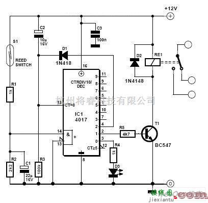 传感器电路中的采用CD4017磁簧/干簧接近开关传感器电路图  第1张