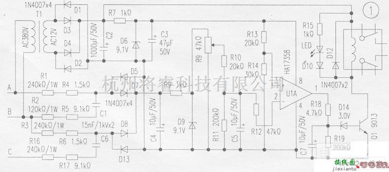 保护电路中的电机相位断相保护器电路图  第1张